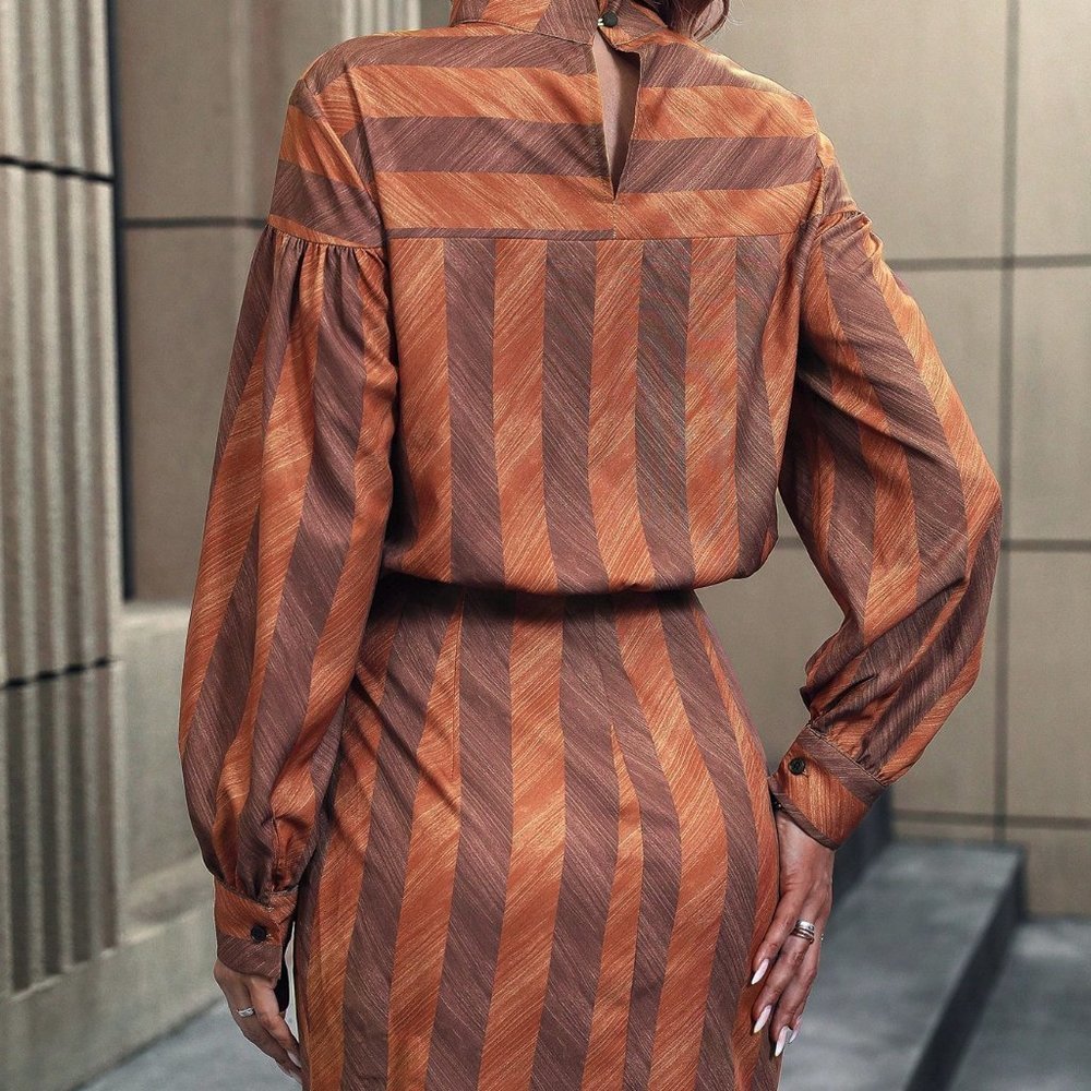 Brown Preppy Womens Striped Print Lantern Sleeve Knot Side Wrap Hem Dress - Picture 3 of 5